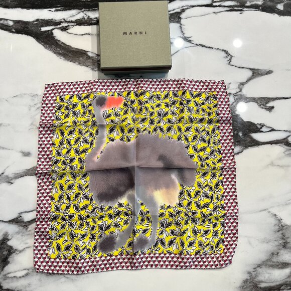 Marni Silk Bird Scarf - Yellow Black Red Grey - 100% Silk - New in Box - Picture 1 of 9